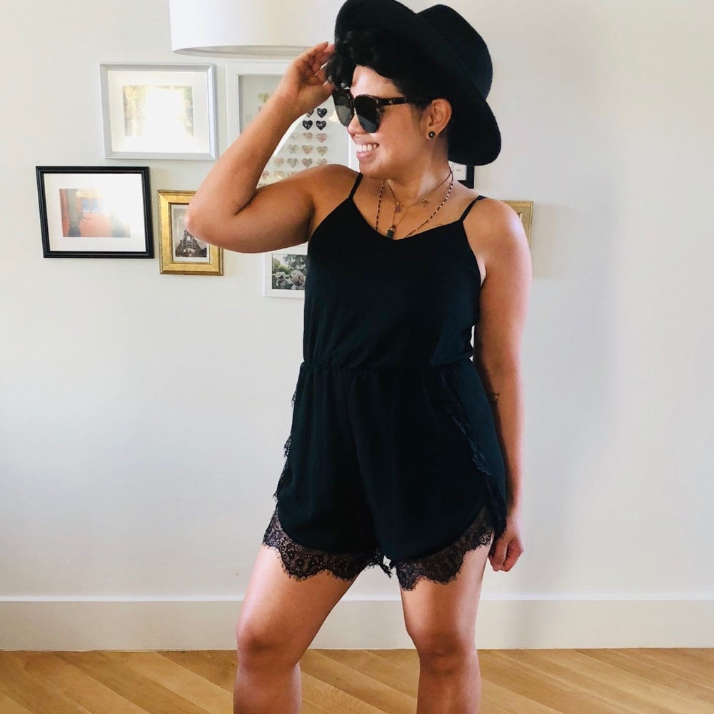 Black Spaghetti Romper with Lace Bottom
